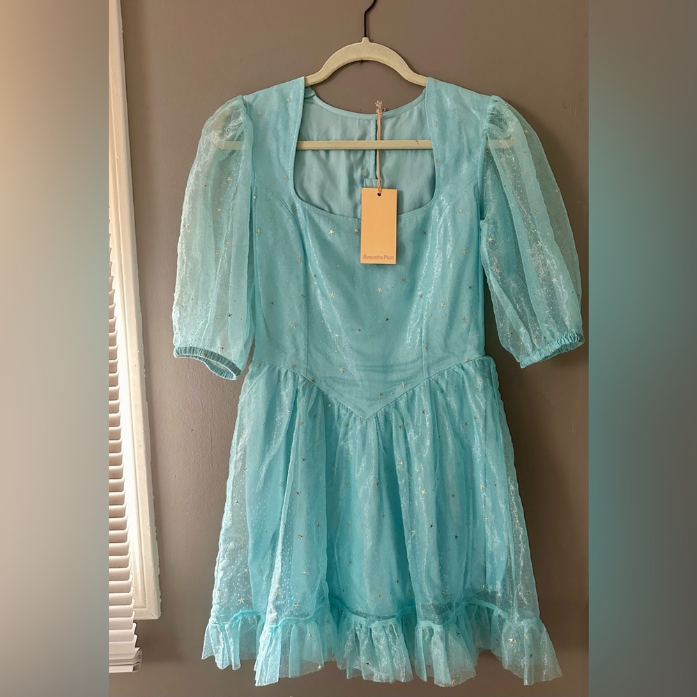 Samantha Pleet Aqua Blue Sheer Puff-Sleeve Mini Dress